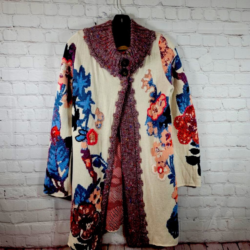 Rare Anthropologie Embroidered Foret Sleeping on Snow Cardigan - Small